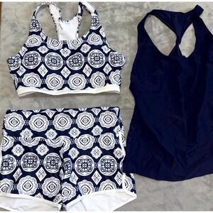 Womens 3pc Swimsuit Tankini Set Medium Navy Blue Geometric Print Summer Beach